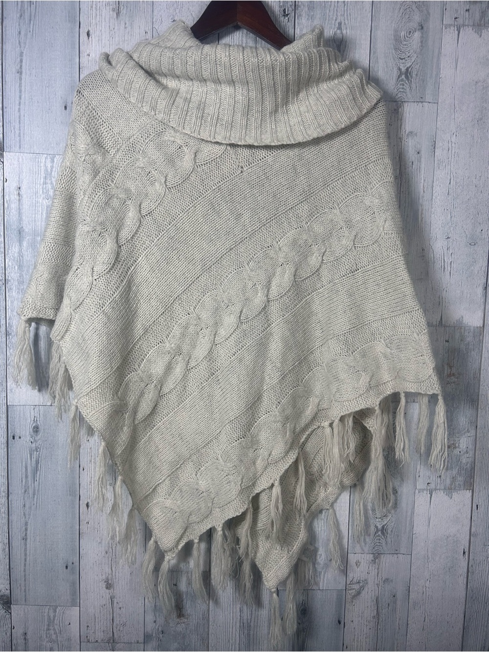 Dressbarn Cable KnitPoncho S/M Ivory Funnel Neck Fringe Tassel Chunky Sweater